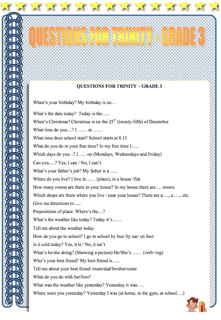 Trinity Exam Grade 3 Questions