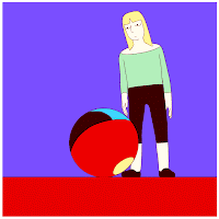 un personnage et une boule multicolore.