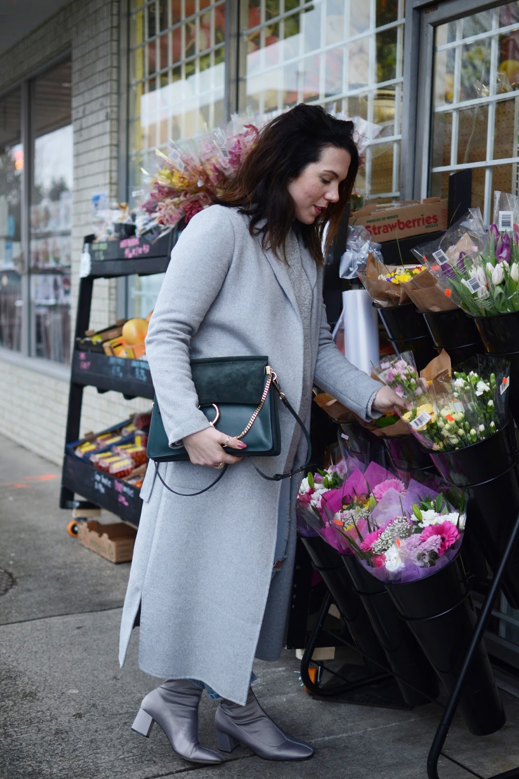 Grey wool coat winter outfit levis 501ct satin ankle boots chloe faye bag vancouver fashion blogger aleesha harris