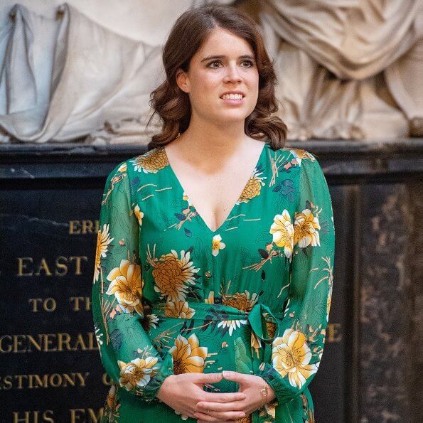 Princess Eugenie of York wore a green floral dress by Alice & Olivia with long sleeves that reached her knees.
