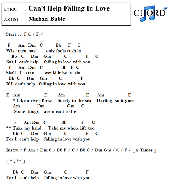 คอร์ด เนื้อเพลง Can't Help Falling In Love Michael Buble Chordza