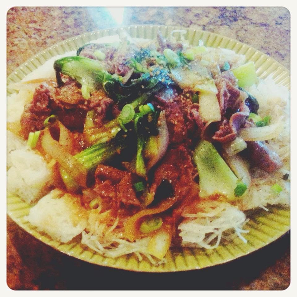 Pan Fried Pho Noodles w/ Saté Beef & Baby Bok Choy Phiphi Wynn