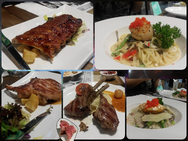 左上: BBQ醬燒豬肋排骨 $168;
右上: 黑松露雜菌帶子意粉 $158;
左下: 美國豬鞍扒配意大利黑醋汁 $178 ;
中下: 紐西蘭燒羊架配乾蔥紅酒汁 $165;
右下: 蟹肉明太子雜菌意大利飯 $158