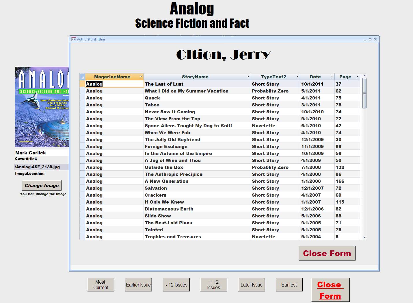 Casual Observations Science Fiction Database Screen Shots