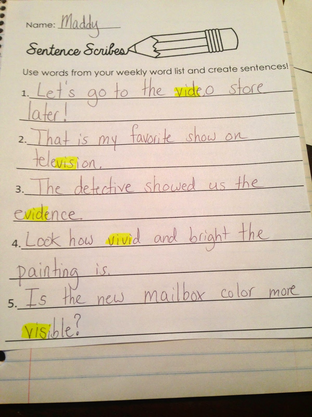 Glitter in Third Vocabulary Notebooks