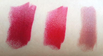 Left to right swatches under natural lighting: Beetroot, Gazpacho, and Pepper.