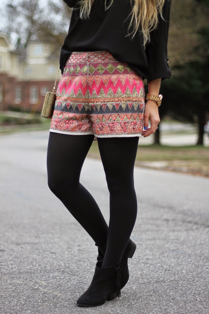sequin shorts with tights and ankle boots