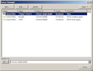 The main Name Manager dialog box in Excel 2010. Name Manager dialog box, shows three title assignments with the first ColumnTitle1 assignment spanning two rows.