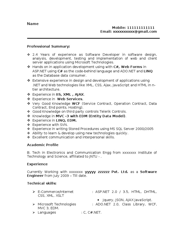 resume format for 2 year experienced it professionals