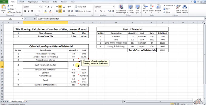 Construction / Civil Engineering: Tile Flooring - Estimating Number of Tiles  for a Room, Cement & Sand in Excel