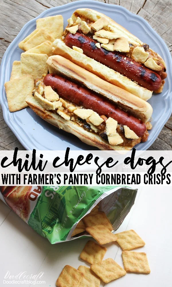 Chili cheese dogs topped with crisp honey butter Farmer's Pantry cornbread crisps.