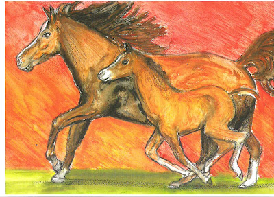 Brown horse and pony running pic
