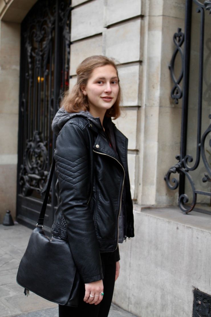 Hoodie layered under a leather jacket, Sk8 high top vans in Paris #ootd