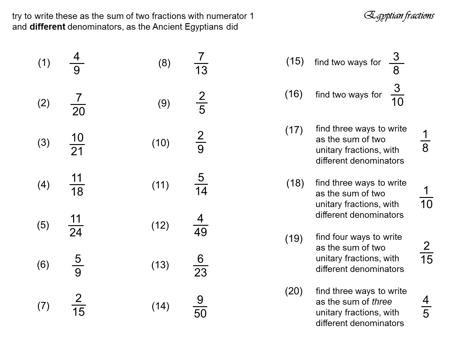 egyptian fractions worksheet