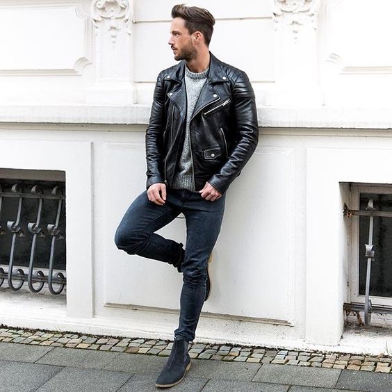 Masculina Estilosa Look Com Jaqueta De Couro Masculino Clearance