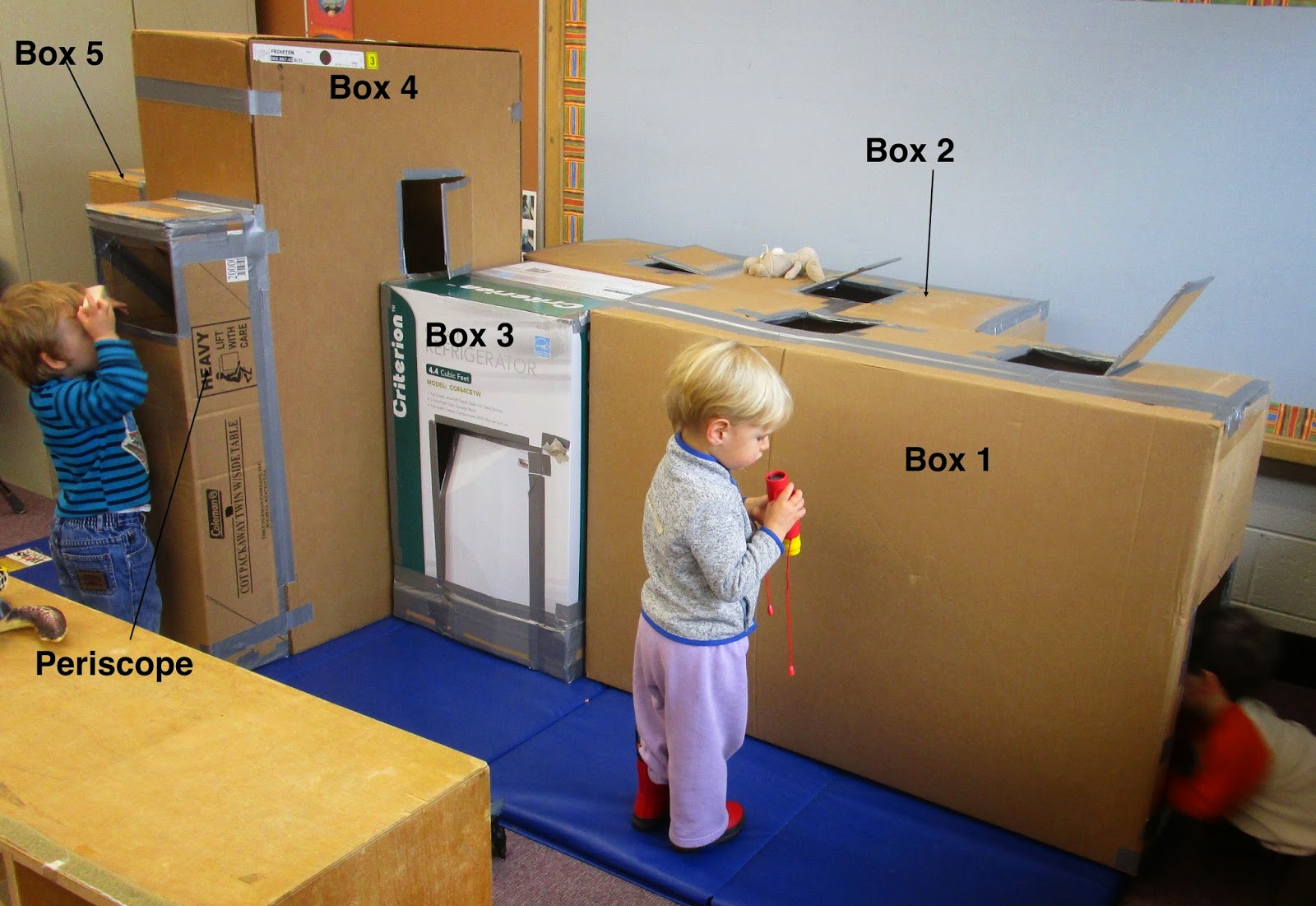 SAND AND WATER TABLES: Big box fort and literacy