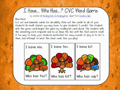 http://www.teacherspayteachers.com/Product/Thanksgiving-Turkey-I-haveWho-has-CVC-Word-Game-971868