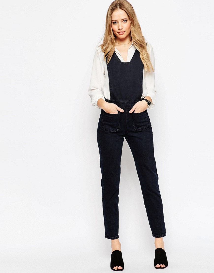 ASOS DENIM JUMPSUIT WITH SQUARE NECK IN BLUE BLACK WASH