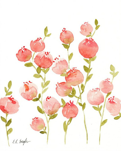 Original Watercolor Peach Floral Painting by Elise Engh