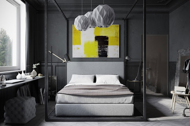 black and white bedroom design and combination of yellow painting