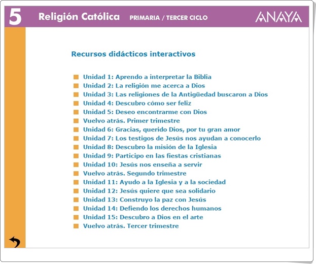 "Recursos Didácticos Interactivos Anaya. Religión Católica de 5º de Primaria" (Abre la puerta)