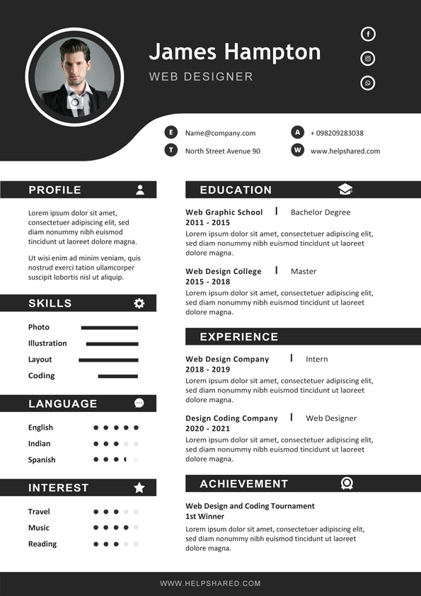 black white cv resume template