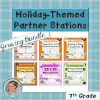 I have created a line of holiday-themed partner stations.  Students work with a partner and move around the room as they solve math problems.