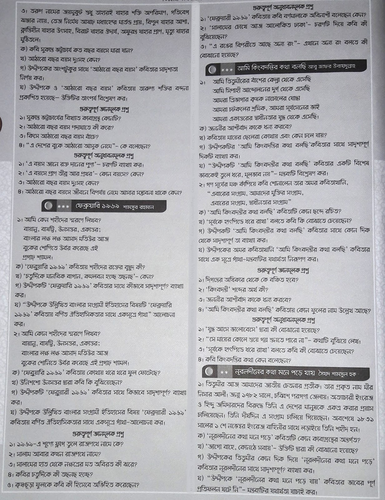 HSC Bangla 1st Paper Suggestion, question paper, question out