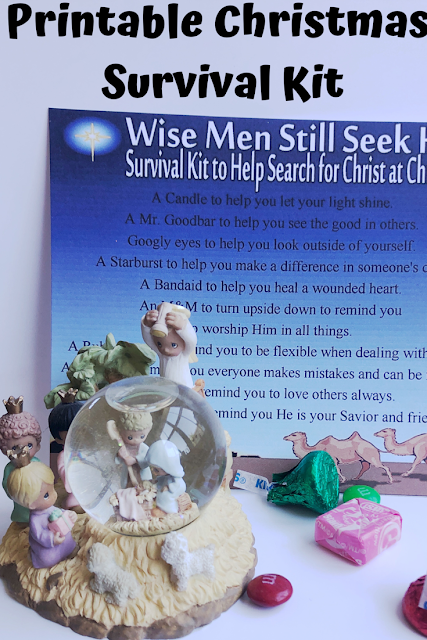 Search for Christ this Christmas with this printable Survival kit for the modern day Wise men.  Each item within the kit reminds you of ways to bring more of Christ in to the Christmas holiday. #survivalkit #christmas #nativity #wisemen #diypartymomblog