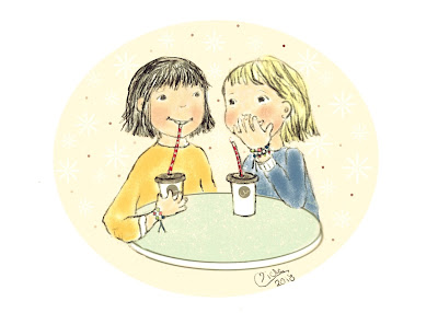 Illustration von zwei kleinen Mädchen, welche an einem Tisch sitzend Kakao trinken.