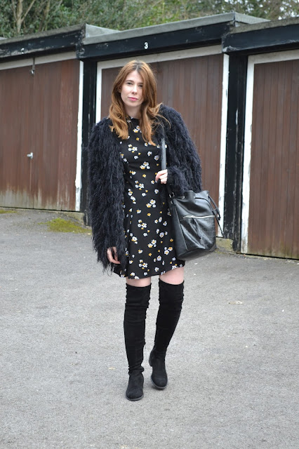 Black floral dress from primark with Thigh high black suede boots from public desire with Vintage black faux fur coat. Affordable blogger fashion blog.