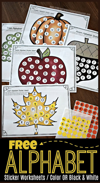 You are going to love how these super cute, fun, and clever Sticker Worksheets help children practice letter matching, letter recognition, and matching upper and lowercase letters. These alphabet worksheets are perfect for fall with their pumpkin, acorn, apple, tree, and more images for preschool, pre k, kindergarten, and first grade students to complete using circle stickers.