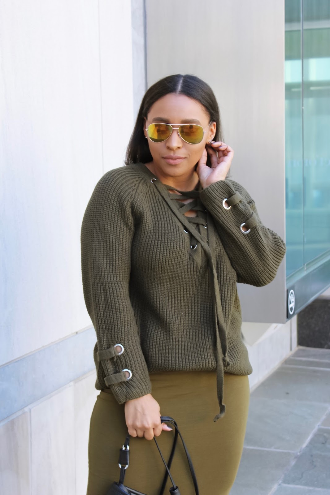 A Lace-Up Sweater Outfit Idea by Patty's Kloset, fringe purse, mirrored sunglasses, olive skirt, midi skirt, dominican blogger, spring outfits, how to monochrome, open toe booties