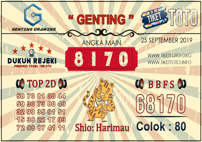 Prediksi Togel GENTING DRAWING TIKETTOTO 25 SEPTEMBER 2019