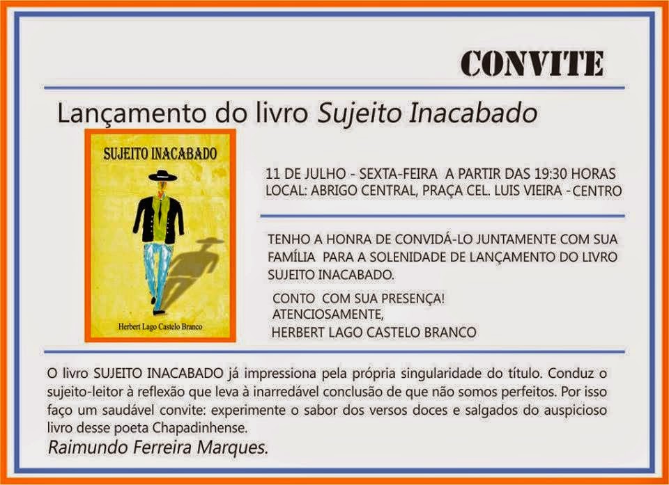 CONVITE: Lançamento do Livro "Sujeito inacabado" Nesta Sexta (11) no Abrigo Central, em Chapadinha