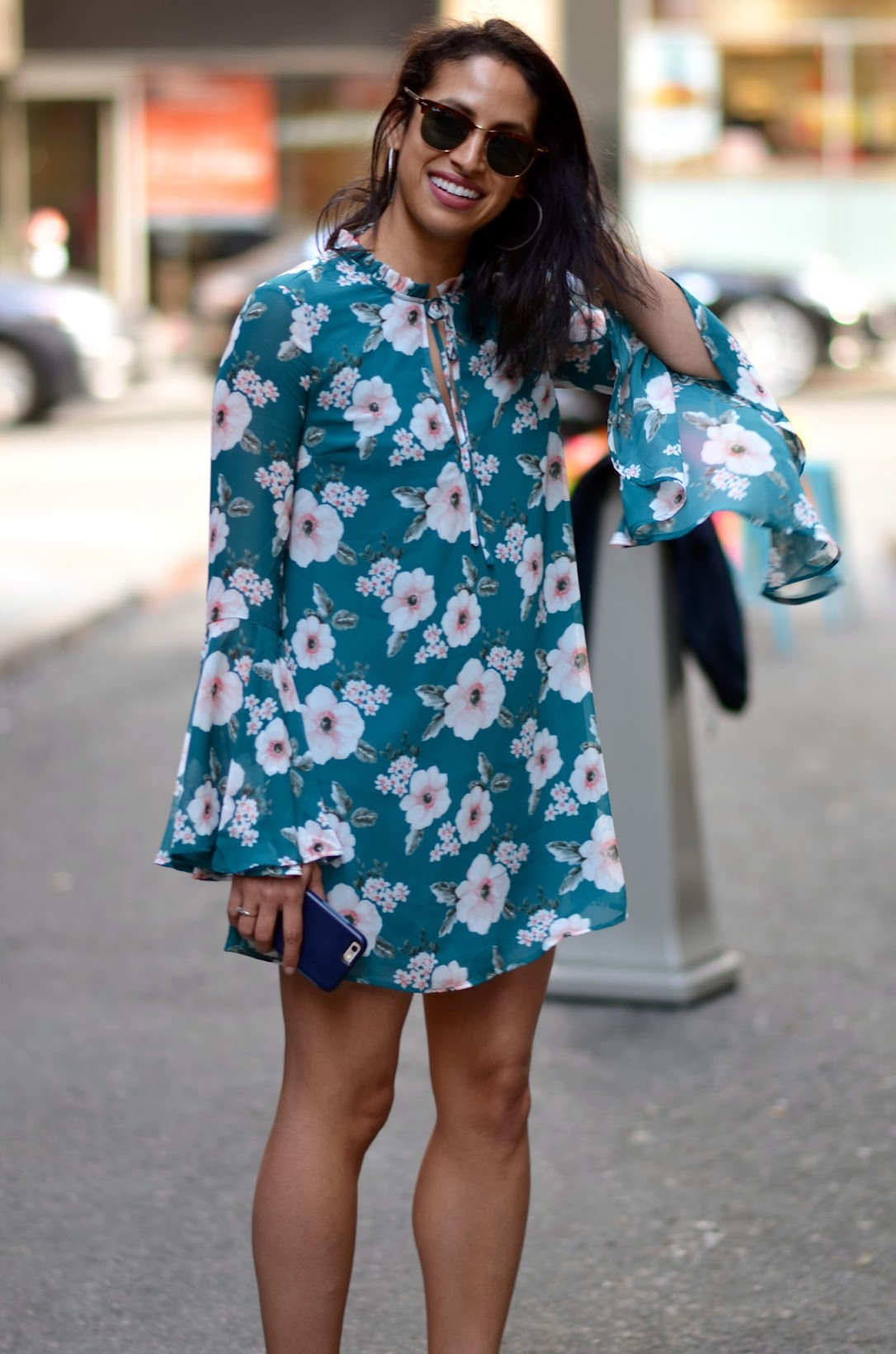Allergic to Vanilla- SF style blog Forever 21, fall fashion, fall style, F21 floral mini dress, bell sleeves, SF style, street style, multi strap flats, chic street style