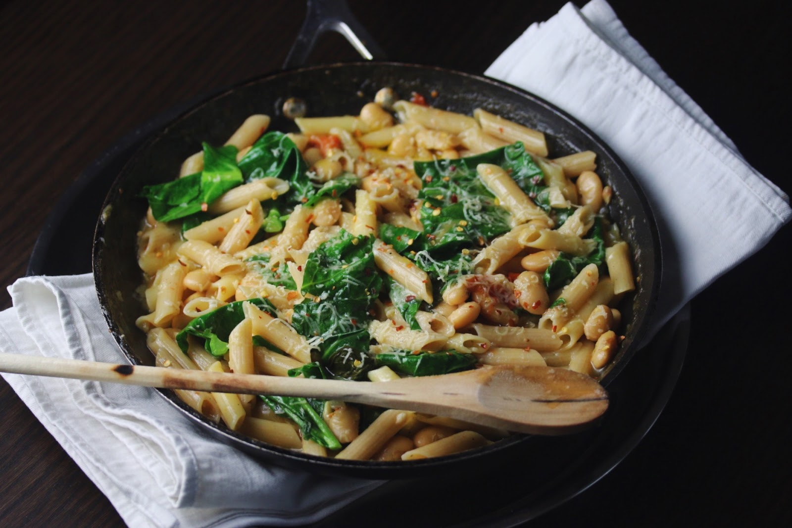 One Pan Lemon Butter Bean and Baby Leaf Green Pasta