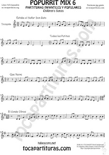 Mix 6 Partitura de Trompeta y Fliscorno Estaba el Señor Don Gato, Todos los Patitos, Qué llueva Infantil, El Conde Olinos Mix 6 Sheet Music for Trumpet and Flugelhorn Music Scores Mix 6 Partitura de Trompeta y Fliscorno Estaba el Señor Don Gato, Todos los Patitos, Qué llueva Infantil, El Conde Olinos Mix 6 Sheet Music for Trumpet and Flugelhorn Music Scores