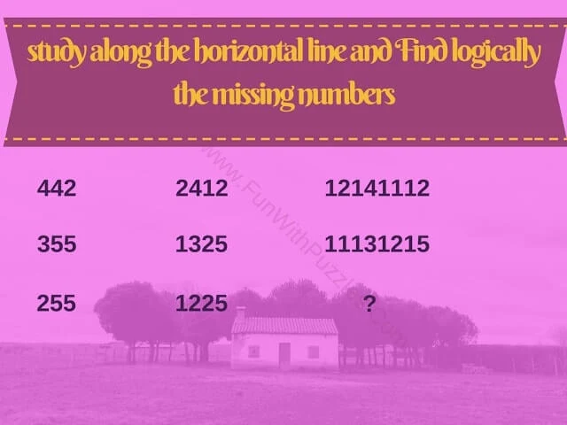 Study along the horizontal line and Find logically the missing numbers  442  2412  12141112  355  1325  255  1225  11131215  ?