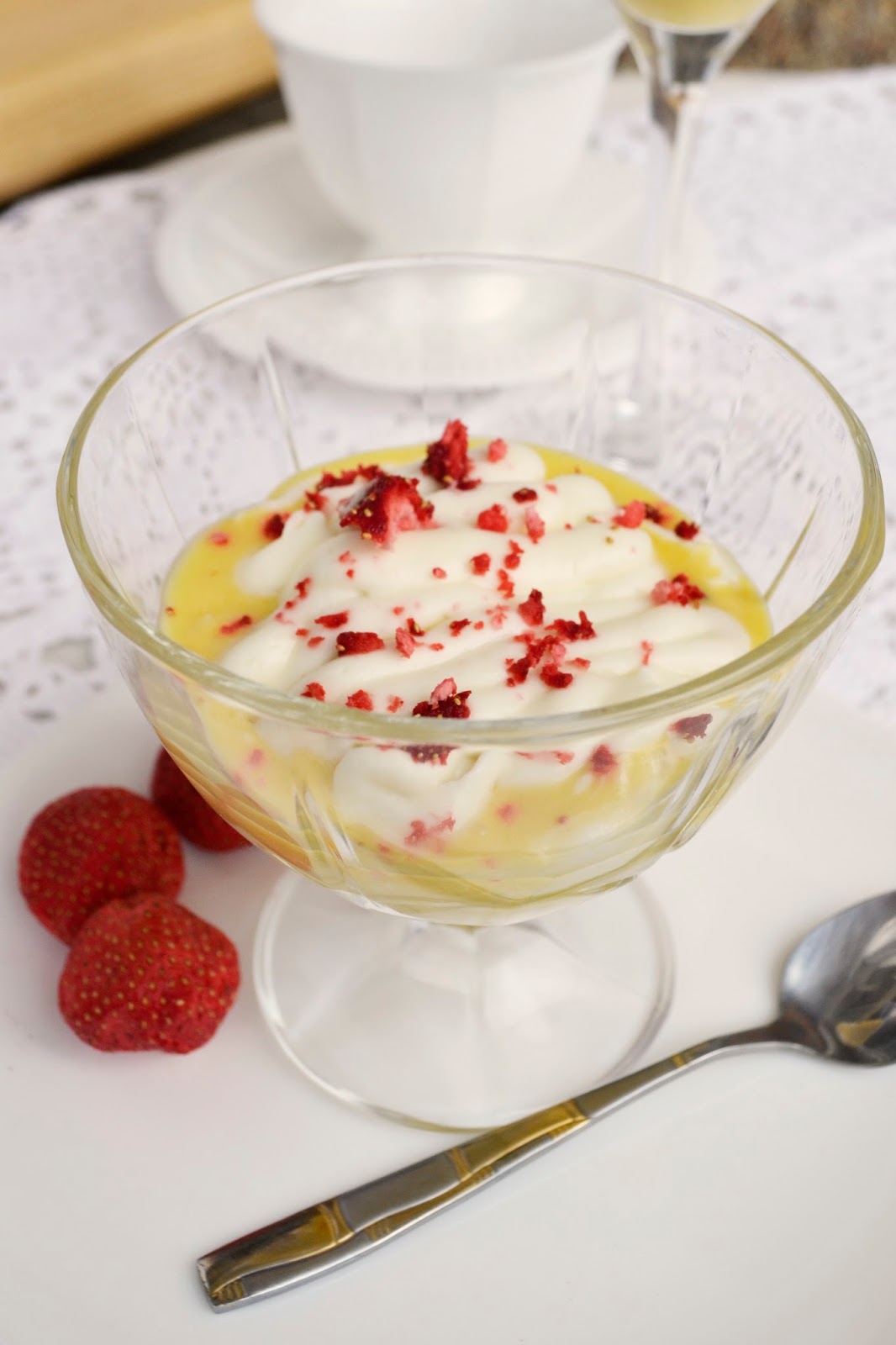 Sugary Sunday Passion Fruit Cream with Whipped Cream and Strawberries