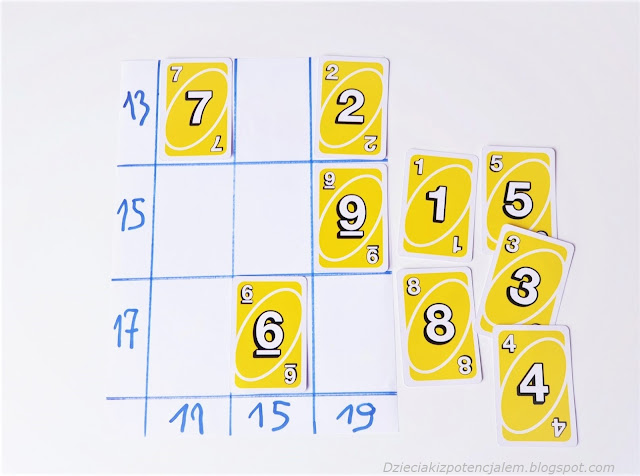 łamigłówka matematyczna dla dzieci, zabawa z kartami utrwalająca znajomość liczb i przeliczania do 20