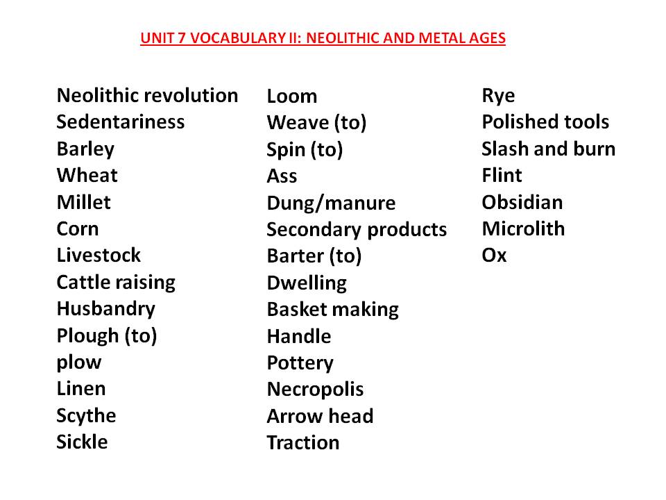 CLIO´S Unit 7 second part Neolithic & Metal Ages Vocabulary