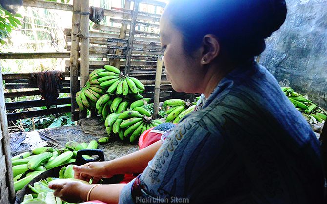 Seorang ibu mengupas pisang untuk dijadikan kripik