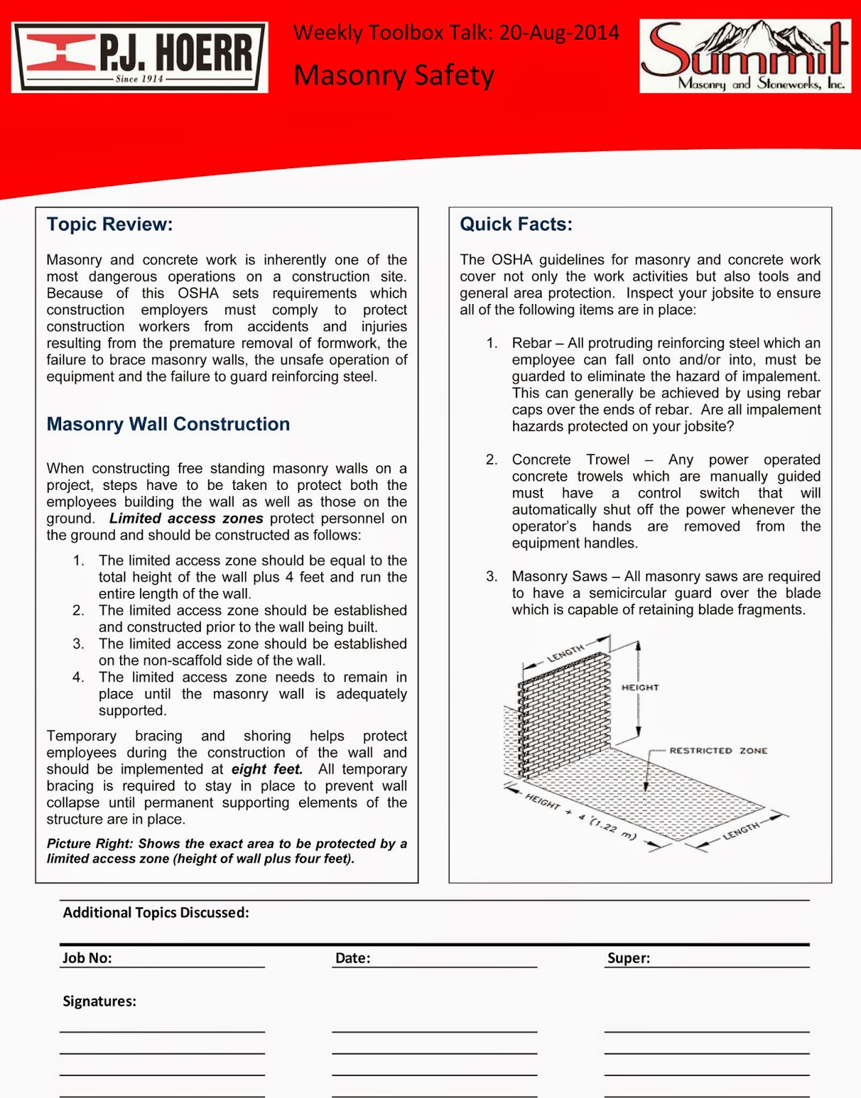 P.J. Hoerr, Inc. P.J. Hoerr & Summit Masonry Weekly Toolbox Talk