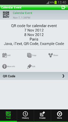 QR Code - Calendar - Example Scan Output in QR Droid Reader
