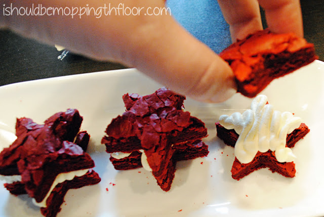 Easy Red Velvet Brownies that start from a cake mix. Star shaped cookie cutters help make a cute patriotic dessert.