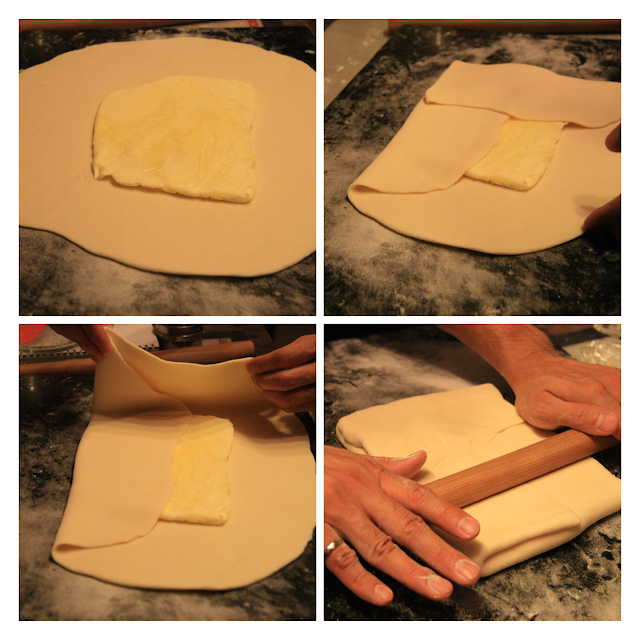 Four pictures (clockwise from top-left) 1) Placing sheet of butter into middle of flattened dough, 2) folding bottom of dough over butter, 3) folding other sides over the butter to make it look like an envelope, 4) rolling "the envelope" flat with rolling pin.