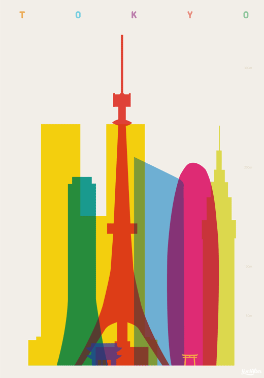 yoni alter ilustração cidades minimalistas ponto turísticos cores silhuetas prédios toquio