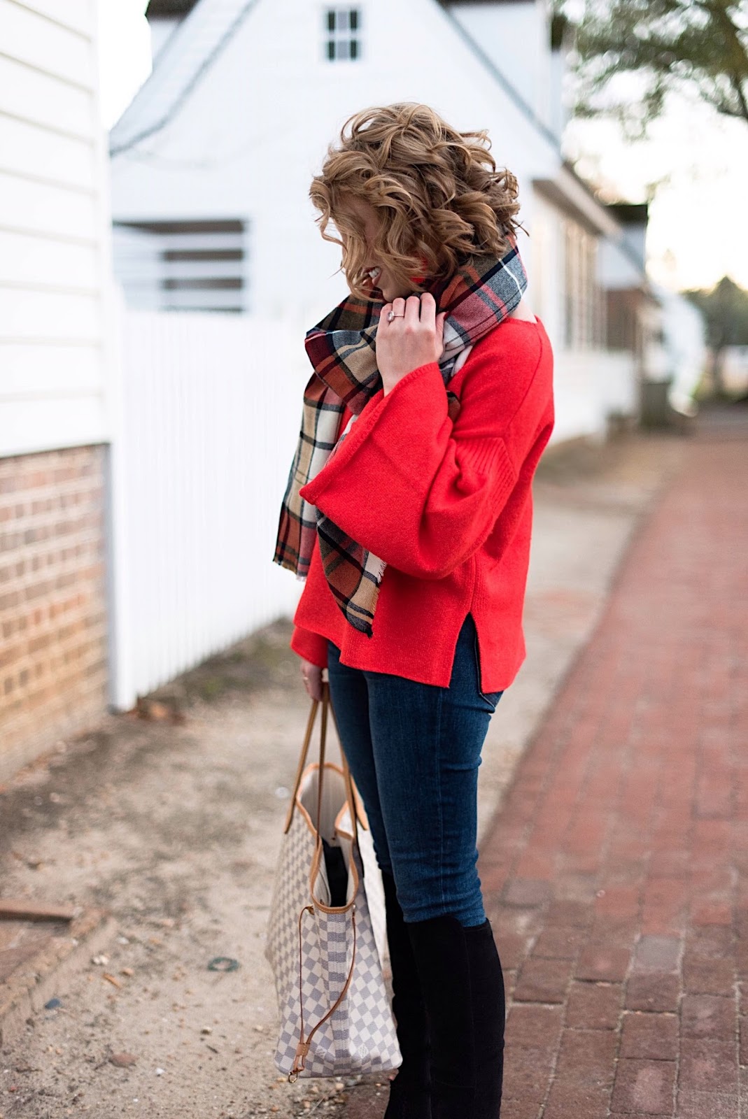 Red Sweater + Plaid Scarf - Something Delightful Blog