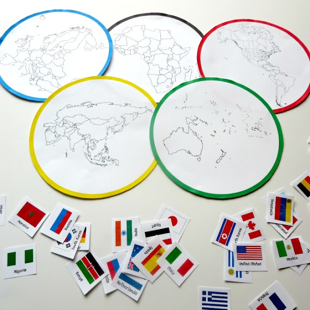 FREE printable of Olympic Rings with continents and Olympic country sort